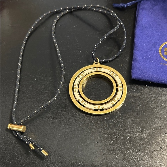 Tory Burch Jewelry - Tory Burch Navy and Gold Spinner Pendant Necklace, 24”